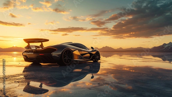 Fototapeta A supercar on a salt flat, its reflection perfect in the mirror-like surface at sunrise