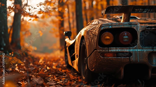 Fototapeta A supercar with a rustic, patina finish parked amidst autumn leaves in a serene forest