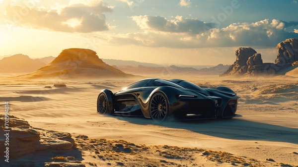Fototapeta A supercar with a sleek, sandblasted finish speeding across a vast, undulating desert