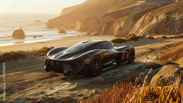 Fototapeta A supercar with a sleek, stone-like finish blending into the rugged cliffs of a coastal road