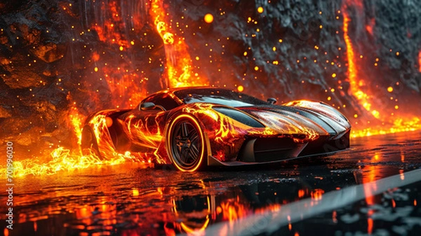 Fototapeta A supercar with flames custom paint job, parked in front of a wall of fire