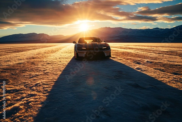 Fototapeta Shadow of a supercar elongated by the setting sun on an open salt flat