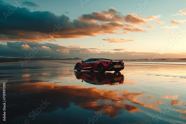 Fototapeta Supercar driving on a beach at low tide, reflection clear on the wet sand