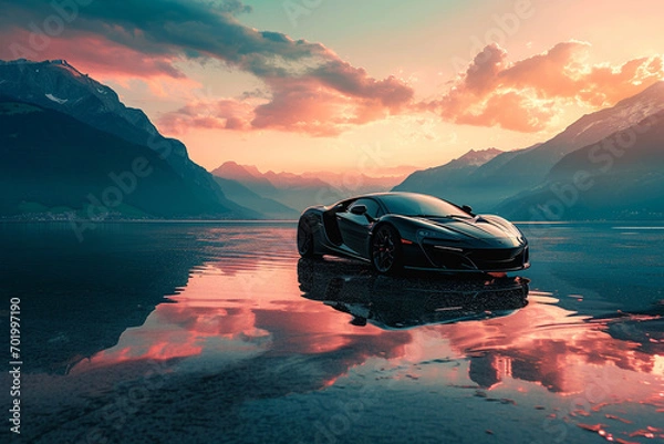 Fototapeta Supercar on a glassy lake's edge at dawn, mountains in the distance