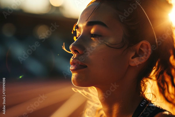 Fototapeta A beautiful young woman, either an athlete or teammate, emphasize the joy and pride in her face by utilizing a close-up shot to capture the intimacy of the moment. 