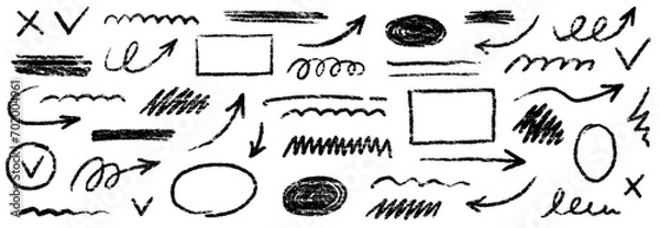 Fototapeta Chalk scribble arrow, line brush set. Crayon arrow, underline, handwritten mark check elements. Vector hand drawn scribble crayon, marker sketch brush texture. Rough chalk vector illustration