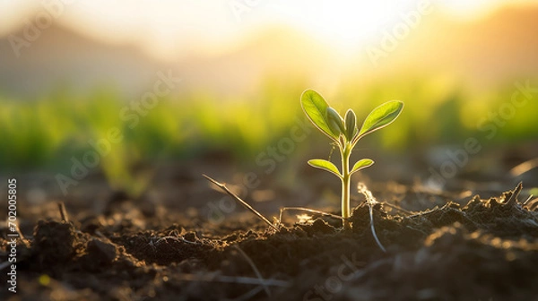 Fototapeta A delicate flaxseed sprout grows on a farm, basking in the golden rays of the late morning sun