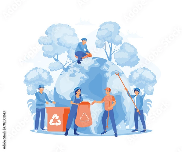 Fototapeta A group of young nature lovers cleans the earth from rubbish. I am calling to protect and save the planet from trash and keep the planet concept. Trend Modern vector flat illustration