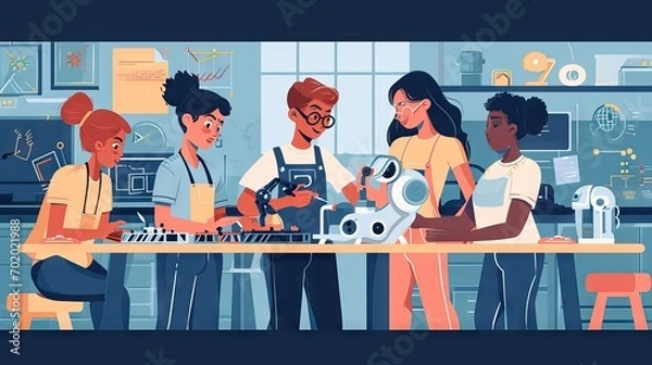 Fototapeta Women scientists developing advancements in robotics, showcasing gender perspective in academia and innovation. A tribute to female ingenuity. Generative AI