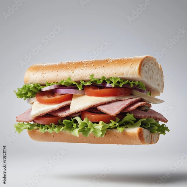Fototapeta Bright background. Flying sandwich, bread vegetable and slice beef in the air with different ingredients. White background. Pastel shades. Food photography