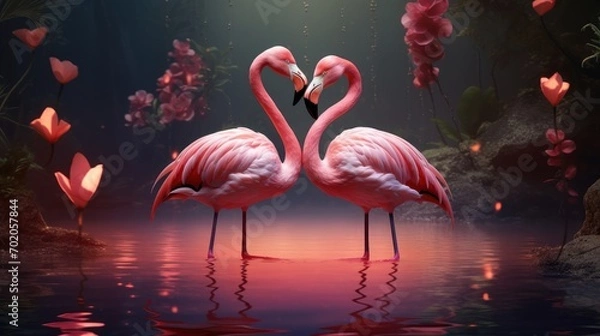 Obraz Couple of flamingo on romantic valentines background. Valentine's day greeting card, in love
