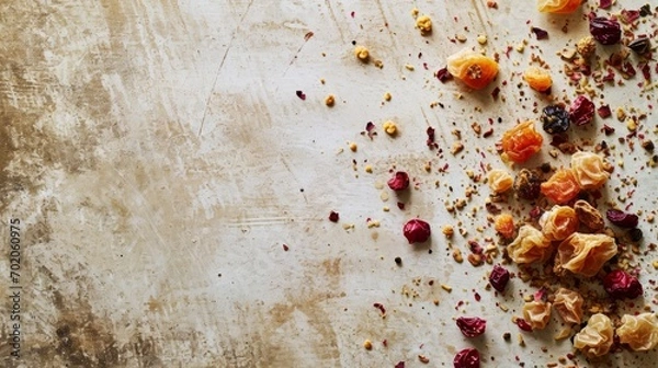 Fototapeta Assorted dried fruits scattered on a natural textured background, perfect for healthy snacking.