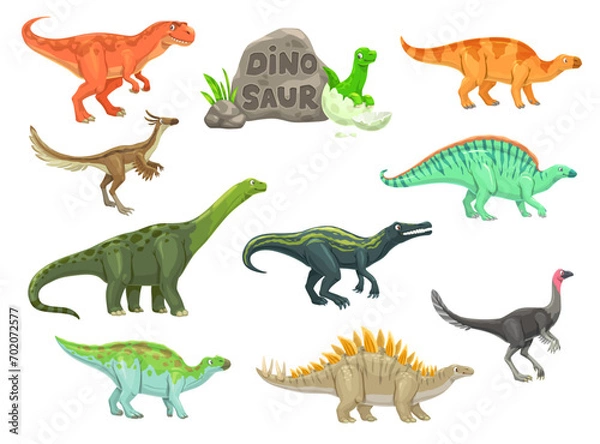 Fototapeta Cartoon dinosaur funny characters. Prehistoric reptile, paleontology extinct vector lizards. Ouranosaurus, Probactrosaurus, Suchomimus and Alectrosaurus, Alvarezsaurus, Aralosaurus cute personages