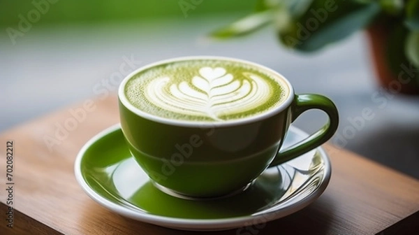 Obraz クリーミーな抹茶ラテアートのクローズアップ