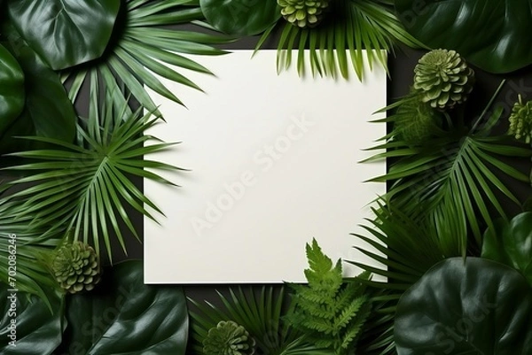 Fototapeta a white square with green leaves around it
