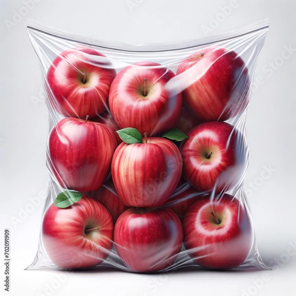 Fototapeta Stock photo image, Hyper realistic Fresh red Apple's in a clear bag isolated on a white background, studio light, illustration