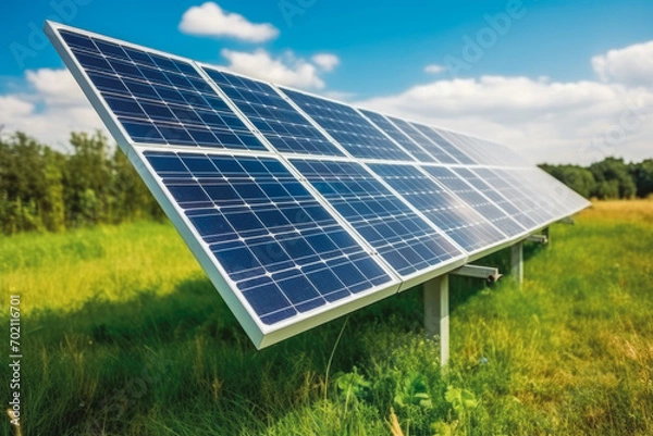 Obraz Solar panels and wind power generation equipment. Producing of clean ecological electrical energy, ecological and renewable energy concepts.
