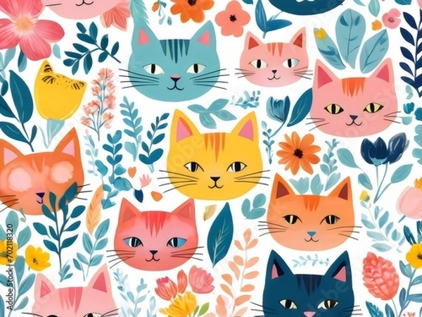 Fototapeta Seamless Pattern Face cat and flowers. Digital painting illustration.