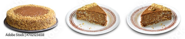 Fototapeta Waffle cake with condensed milk cream and walnuts on White Background