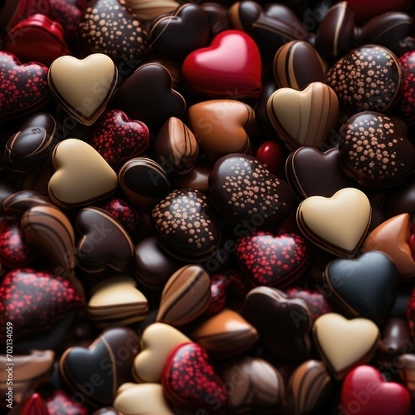Fototapeta Assorted chocolate heart candies, white, dark, milk and red chocolate background. Top view.