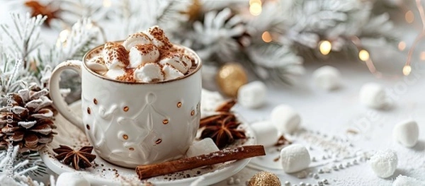 Obraz Cup of tasty cocoa drink and marshmallows in blue cup Spices and marshmallows for winter drinks on white texture table Winter hot drink Hot chocolate with marshmallow and spices Copy space