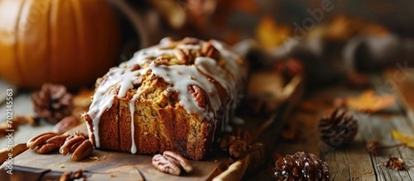 Fototapeta Glazing pumpkin bread with a white glaze and garnishing with shopped pecans. with copy space image. Place for adding text or design