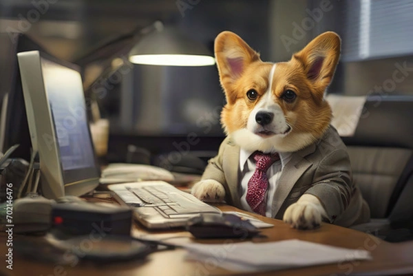 Fototapeta The dog is a businessman, cute dog is working at a silver laptop in his office. a dog in a jacket at work at a desk.