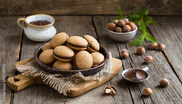Fototapeta Baci di dama italian hazelnut biscuits cookies with chocolate cream, rustic style