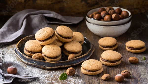 Fototapeta Baci di dama italian hazelnut biscuits cookies with chocolate cream, rustic style
