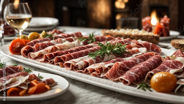 Fototapeta Capture the timeless allure of Italian salumi on a pristine white plate against the backdrop of a stylish restaurant