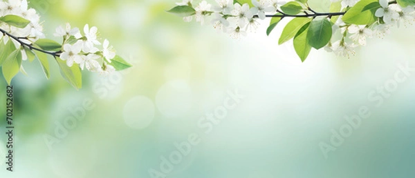 Fototapeta Ultra wide background showing softly lit spring fruit tree branches at sunrise, creative projects