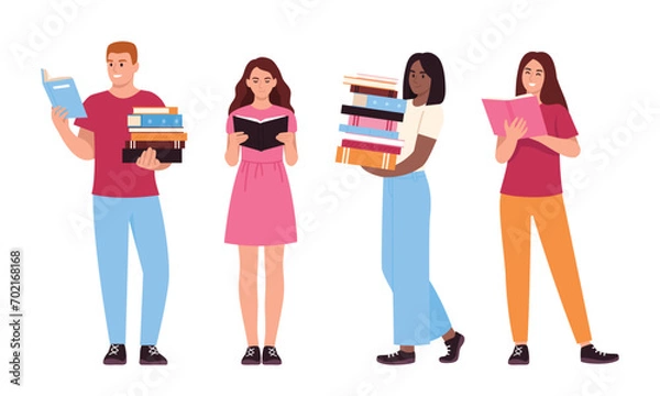 Obraz set of people with books. Characters vector illustration. book reading day.