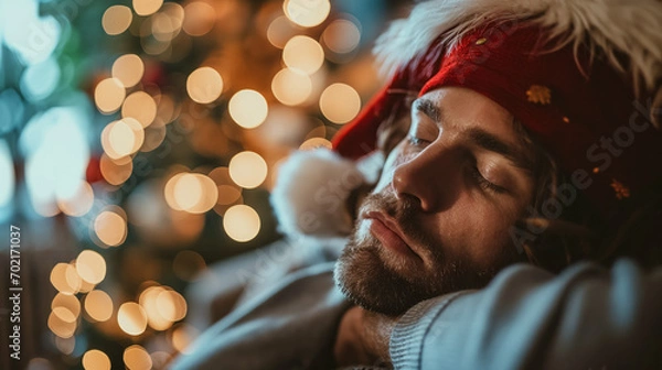 Fototapeta Man napping in festive hat, bokeh lights.