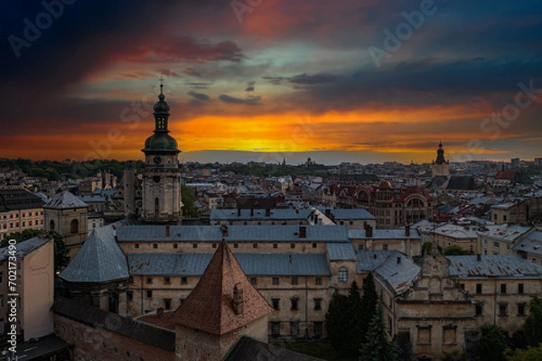 Fototapeta Panoramic aerial view on Lviv from drone