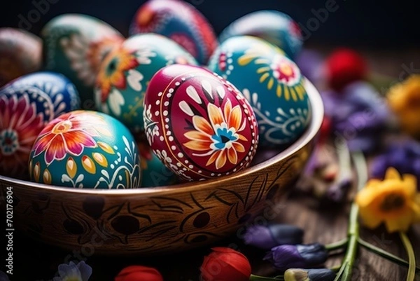 Fototapeta Hand-Painted Easter Eggs in Decorative Bowl.
Intricately painted Easter eggs in a wooden bowl surrounded by spring flowers.