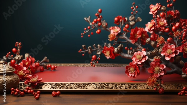 Obraz Chinese new year 2024 banner and frame, red Asian flowers on chinese style background, for lunar new year celebration greeting card design and copy space