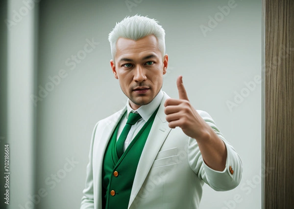 Fototapeta A man expresses emotions, points with finger, stylish suit. 