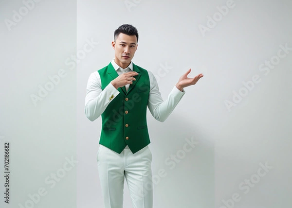 Fototapeta A man expresses emotions, points with finger, stylish suit. 