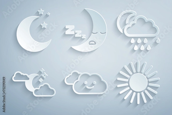 Fototapeta Set Cloud, with rain and moon, stars, Sun, Moon icon and  icon. Vector