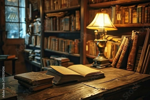 Fototapeta an old book spread out on a wooden desk, a lamp turned on, a shelf with old books in the background, a library