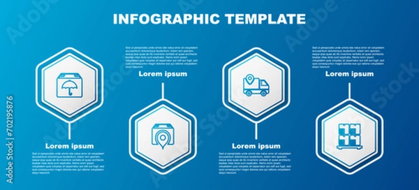 Fototapeta Set line Delivery package with umbrella, Location cardboard box, tracking and Cardboard boxes pallet. Business infographic template. Vector