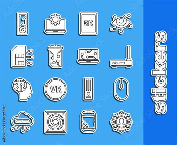 Obraz Set line Project team base, Computer mouse, Router and wi-fi signal, Tablet with text 5k, Video graphic card, Sim, Music player and Laptop icon. Vector