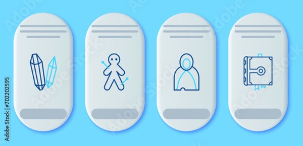 Fototapeta Set line Voodoo doll, Mantle, cloak, cape, Magic stone and Ancient magic book icon. Vector