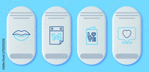 Fototapeta Set line Calendar with February 14, Valentines day party flyer, Smiling lips and Like and heart icon. Vector