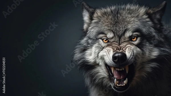 Fototapeta Front view of angry Mane Wolf on gray background. Wild animals banner with empty copy space