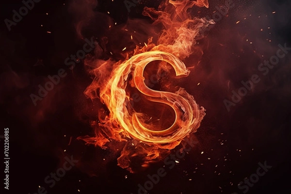 Fototapeta 3d symbol on fire with smoke and sparks on a dark red background 