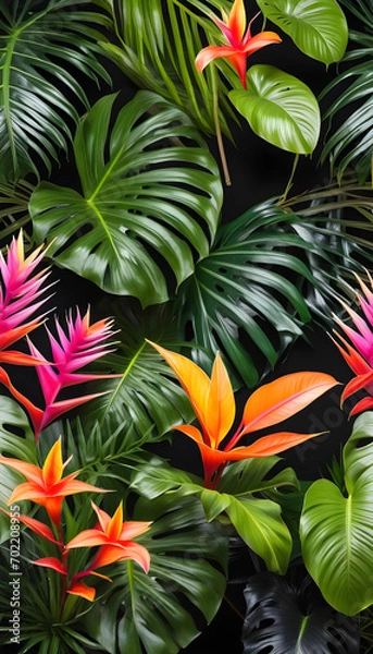 Obraz Many brightly colored tropical plants are on a black wall