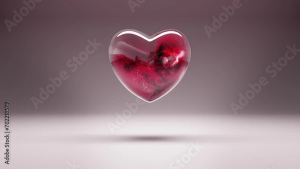 Fototapeta glass heart filled with a stream of red pink burning glowing particles, minimalistic card for Valentine's Day