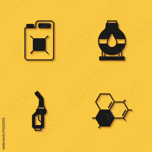 Obraz Set Canister for gasoline, Molecule oil, Gasoline pump nozzle and Oil tank storage icon with long shadow. Vector
