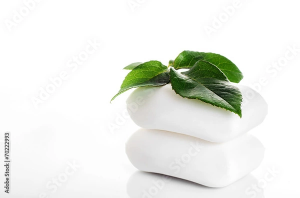 Obraz White soap with green leaf